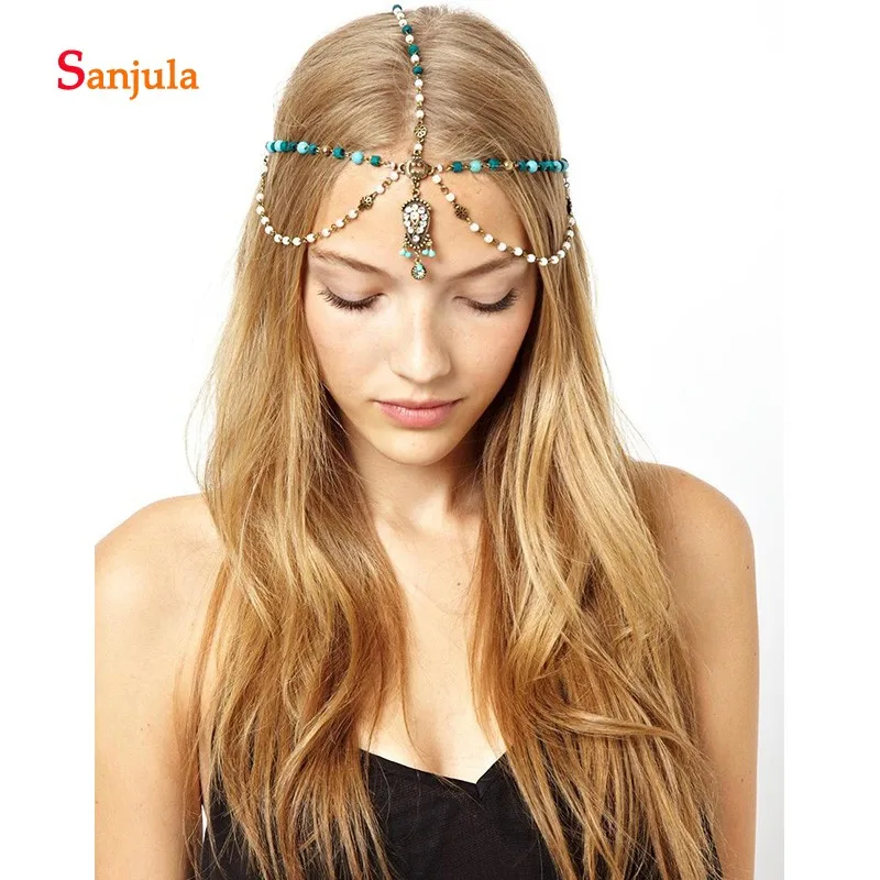 Water Drop Shape Bride Headwear Boho Style Forehead Hair Jewelry Fashion Headpiece for Bridal Women Ethnic Blue Beaded H306 | Украшения и