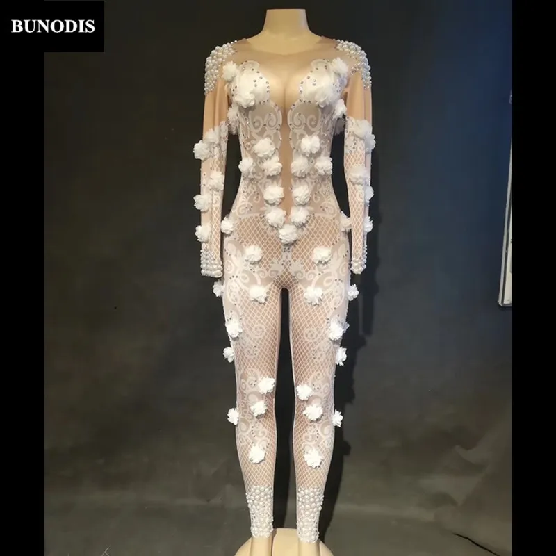 ZD307 Women Sexy White Flowers Jumpsuit Full Of Sparkling Pearls Singer Dancer Stage Wear Bodysuit Nightclub Party Performance