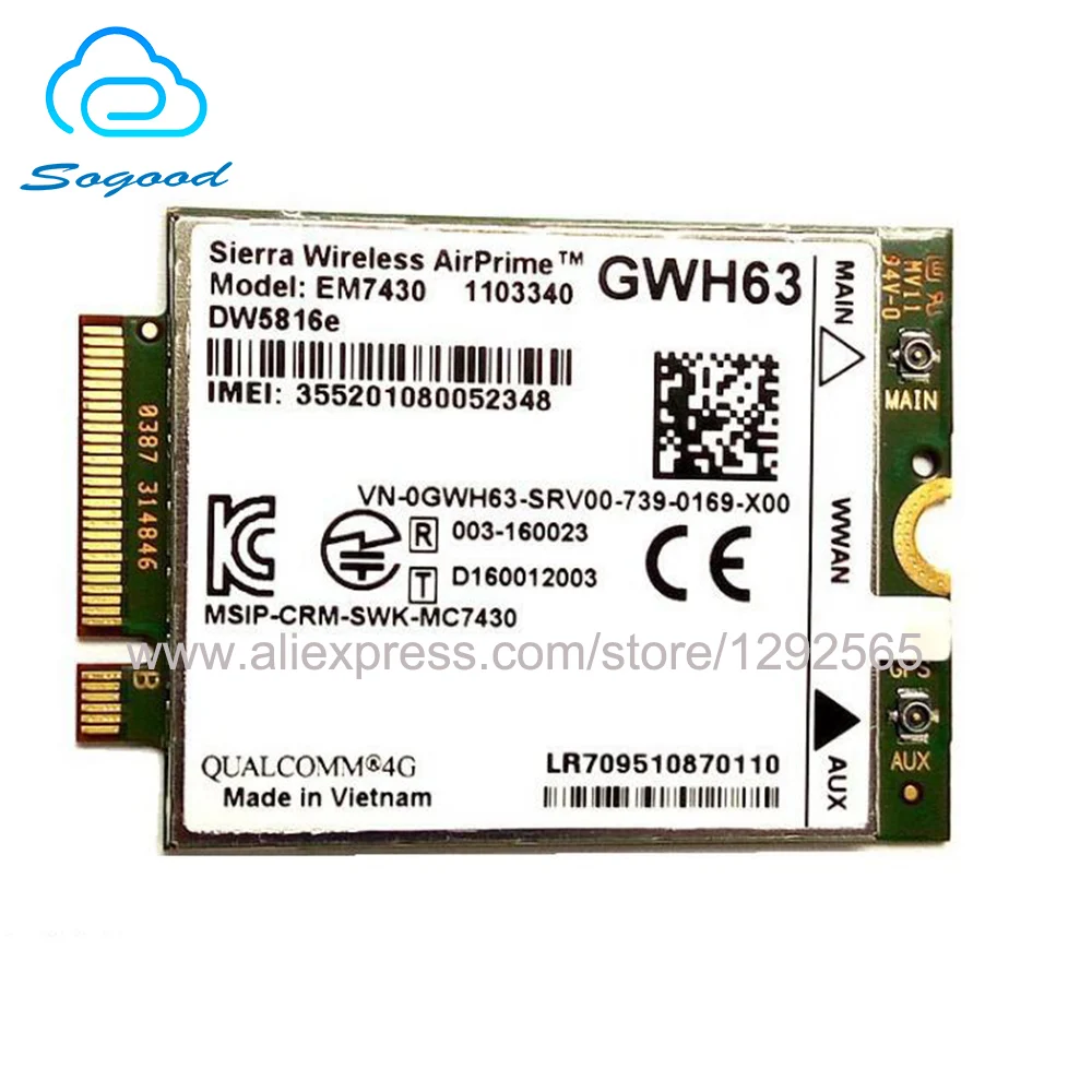 EM7430 DW5816e GOBI6000 Cat6 300M 4G карта LTE для DELL Latitude 7280 7285 7290 7389 7390 7480 E7470 GWH63 300 Мбит/с| |