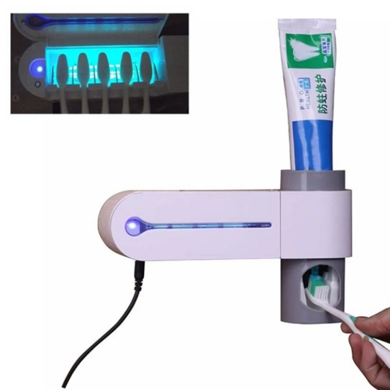 Держатель для зубных щеток с автоматическим диспенсером для сжатия зубной пасты и ультрафиолетовым стерилизатором 2 в 1 для ванной комнаты дома.