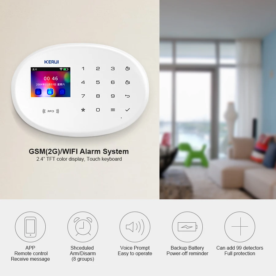 KERUI 2 4 дюймов Сенсорная панель управление приложением RFID карта 433 МГц W20 WIFI GSM