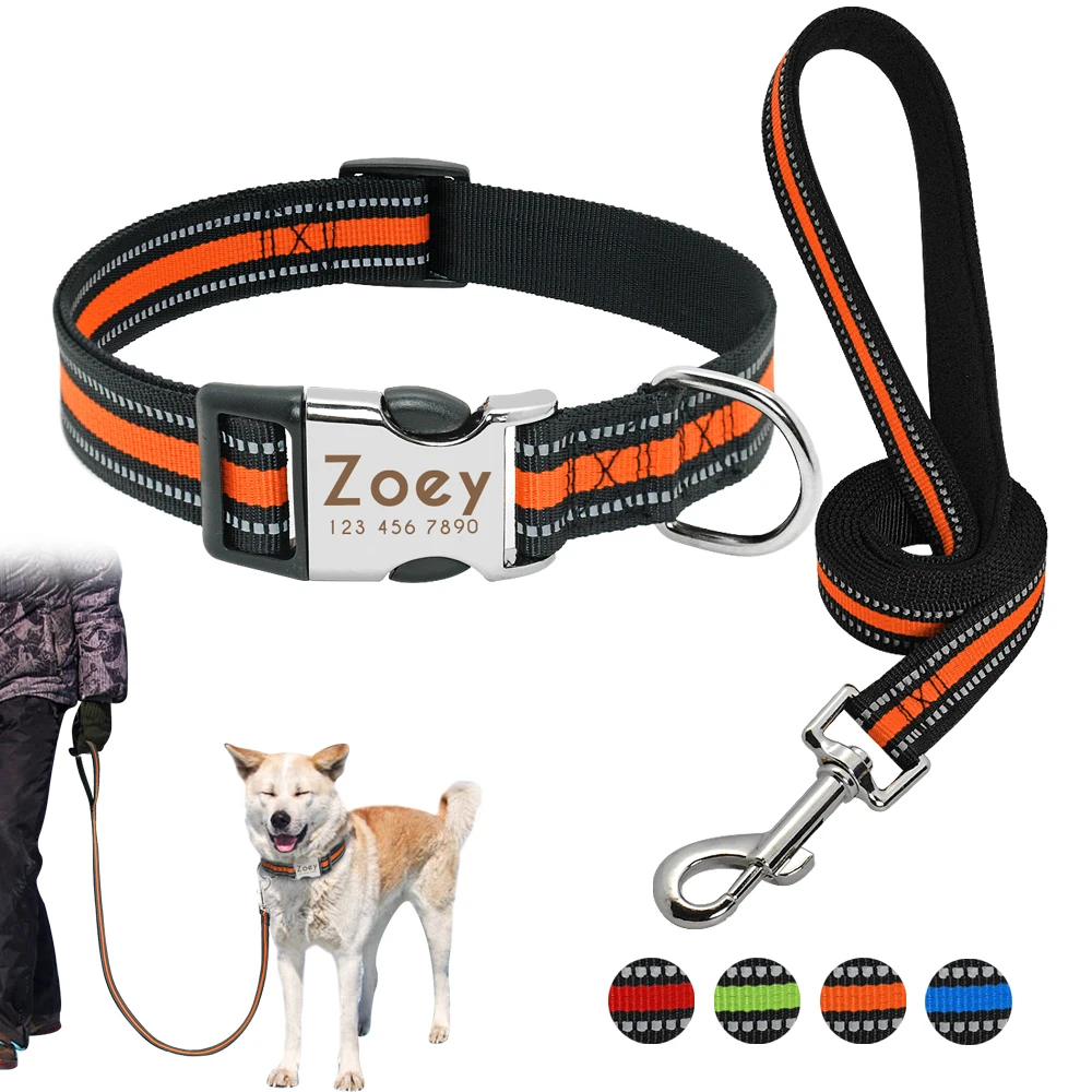 

Custom Dog Collar Leash Set Personalized Pet Nylon Dog Tag Collar Anti-lost Reflective Nameplate ID Tags Collars Adjustable S-L