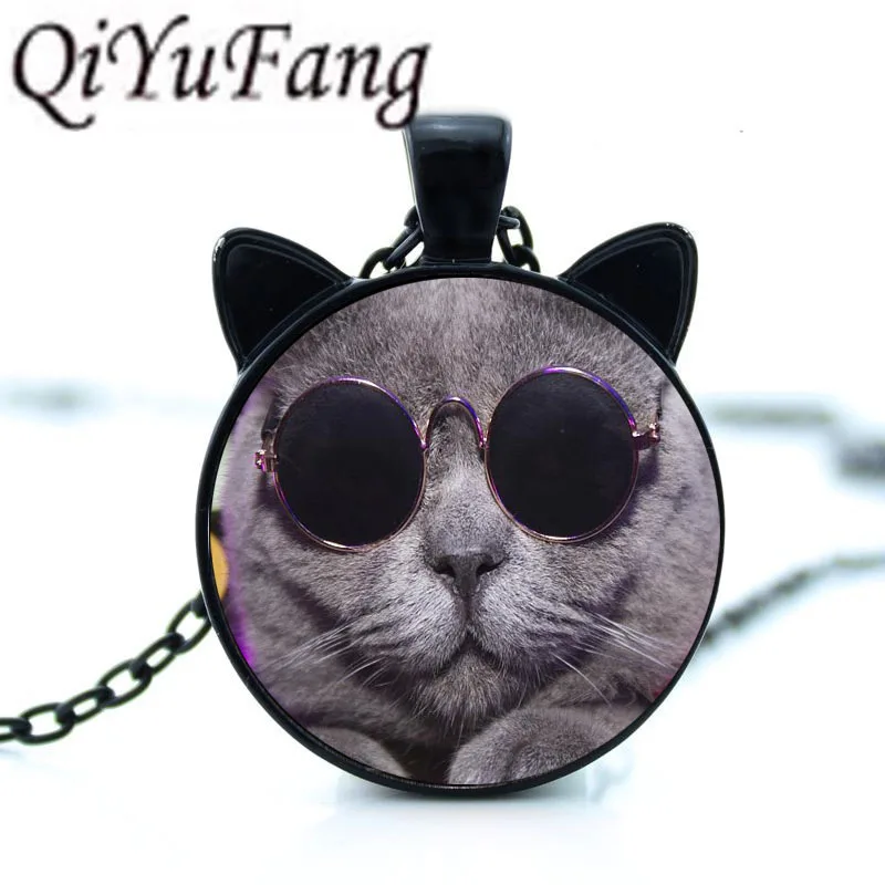 

QiYuFang New 2018 Glasses cat Necklace for pet lovers Cat Pendant with two ears Jewelry Glass Cabochon girl's Gift for her