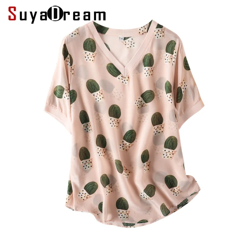 SuyaDream Женская шелковая рубашка 100% шелк креп с принтом футболка короткими