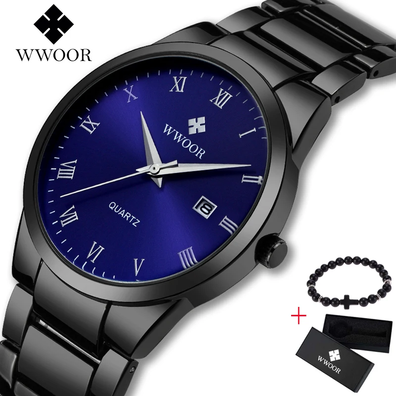 

WWOOR Men Luxury Brand Sport Watches Water Quartz Hours Date Hand Clock Men Full Stainless Steel Wrist Watch relogio Free gift