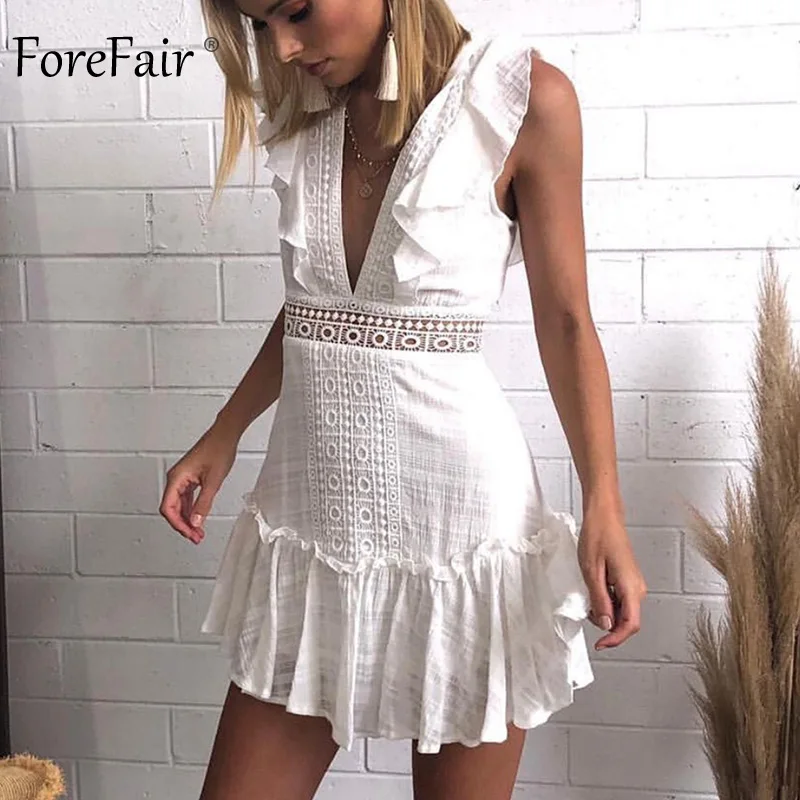 Forefair/летнее платье с рюшами белое розовое открытыми плечами v образным вырезом на