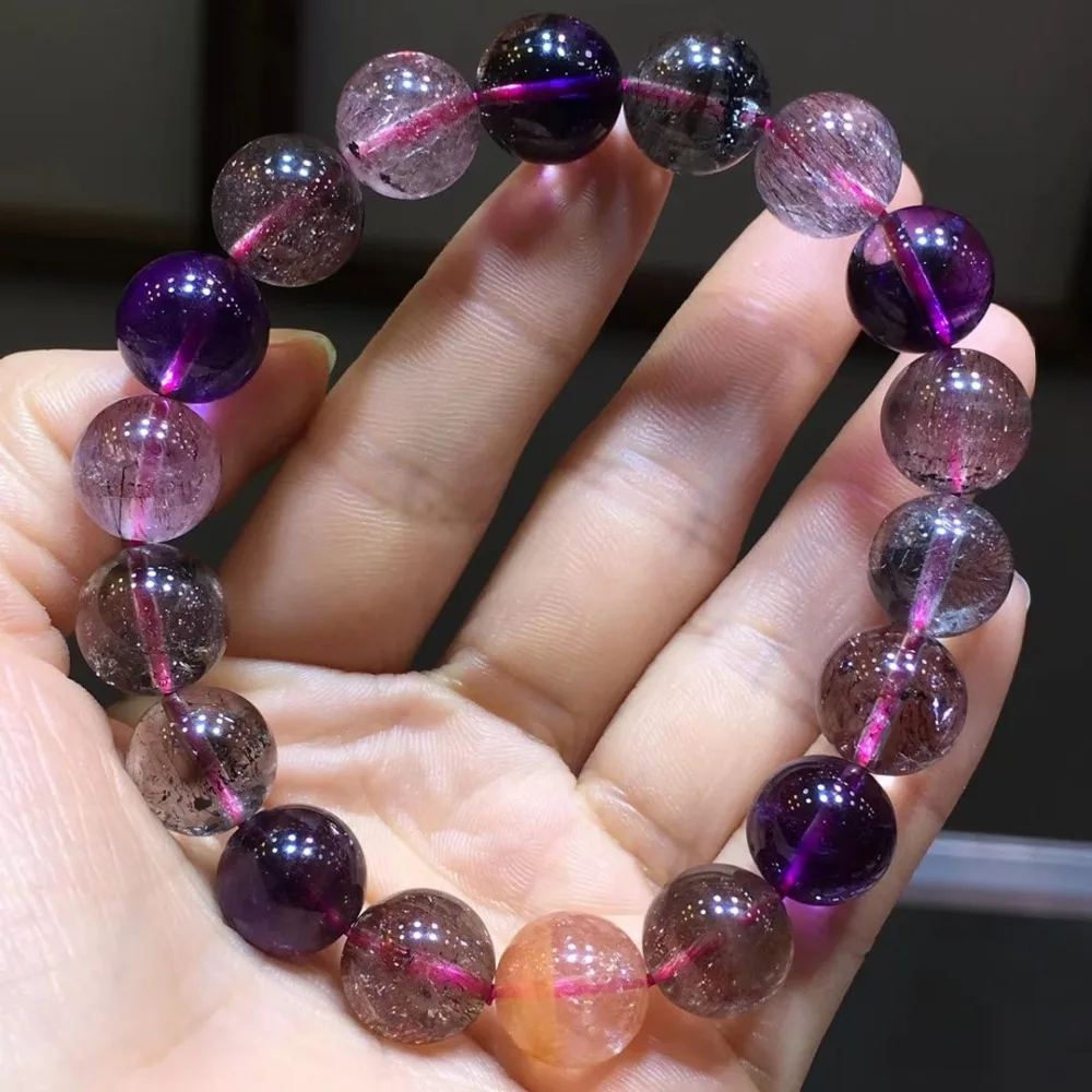 

Natural Super Seven 7 Lepidocrocite Purple Rutilated Quartz Woman Man Healing Round Beads 11.7mm Bracelets AAAAA Certificate