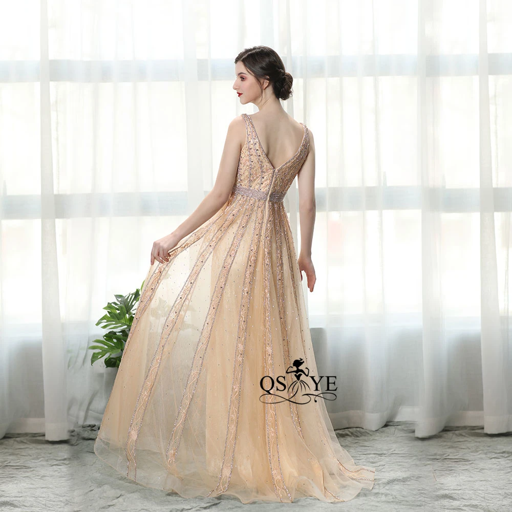 QSYYE 2019 New Arrival Gold Prom Evening Dress Sexy V-neck Crystal Amazing Shinny Party Gowns | Свадьбы и торжества