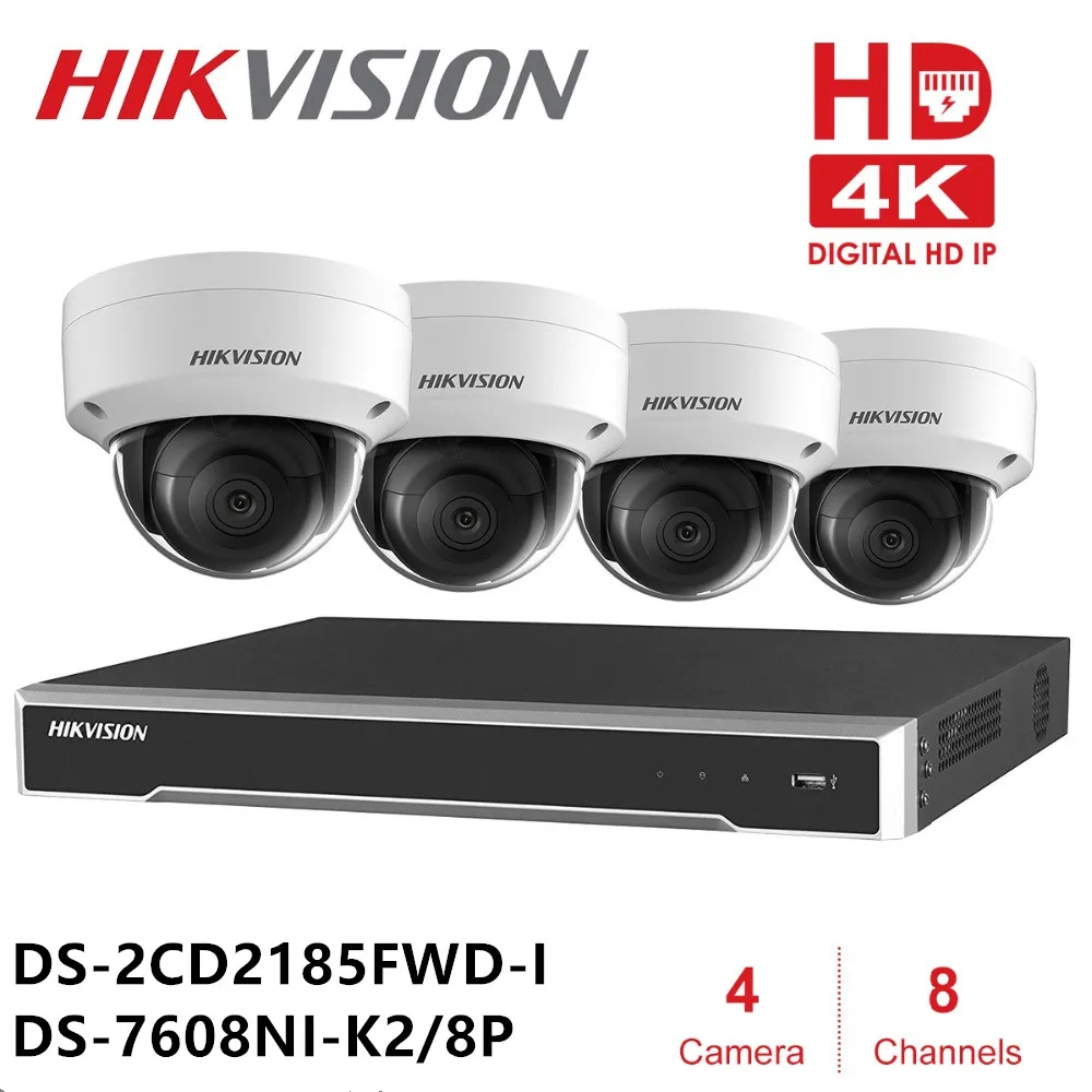 Hik 8ch камера видеонаблюдения системы безопасности NVR DS-7608NI-K2/8 P DS-2CD2185FWD-I 4 купольная сетевая камера комплекты ИК фиксированная NVR комплекты 4K