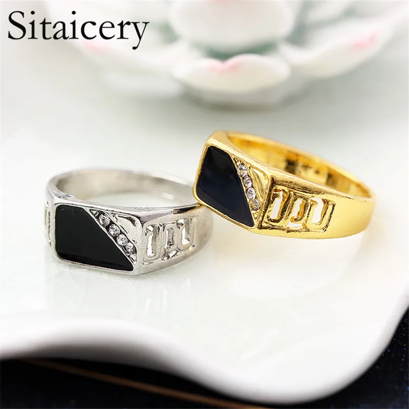 

Sitaicery Gold Silver Plated Black Enamel Rings Men Vintage Ring Punk Classic Black Drip Imitation Black Stones Male Enamel Ring