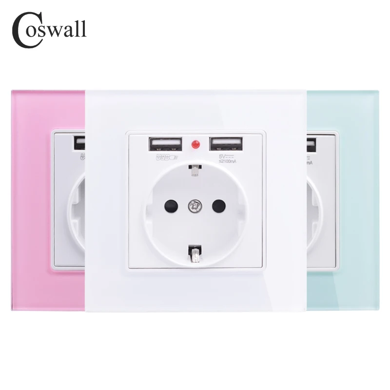 

Coswall Green Pink Colorful Crystal Glass Panel Dual USB Charging Port 2.1A 16A Russia Spain Wall Socket EU Power Outlet
