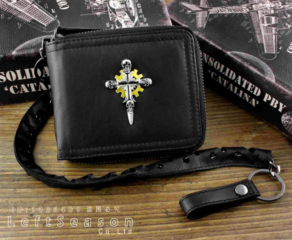 Мужской кошелек из натуральной кожи в байкерском стиле с черепом и перекрестной