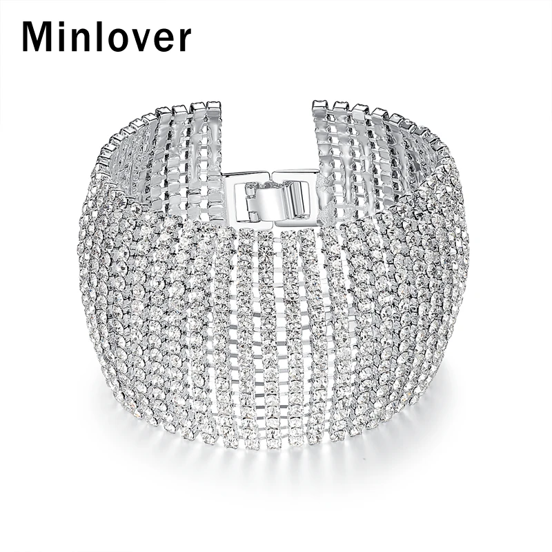 Minlover простой стиль широкий кристалл свадебные браслеты для женщин Стразы