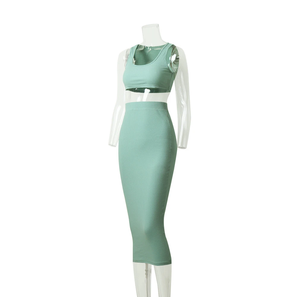 Female Casual Summer Green 2 Piece Set Cropped Bralette Top Long Skirt Fashion 2019 Sexy Women Party Suit Plus Size | Женская одежда