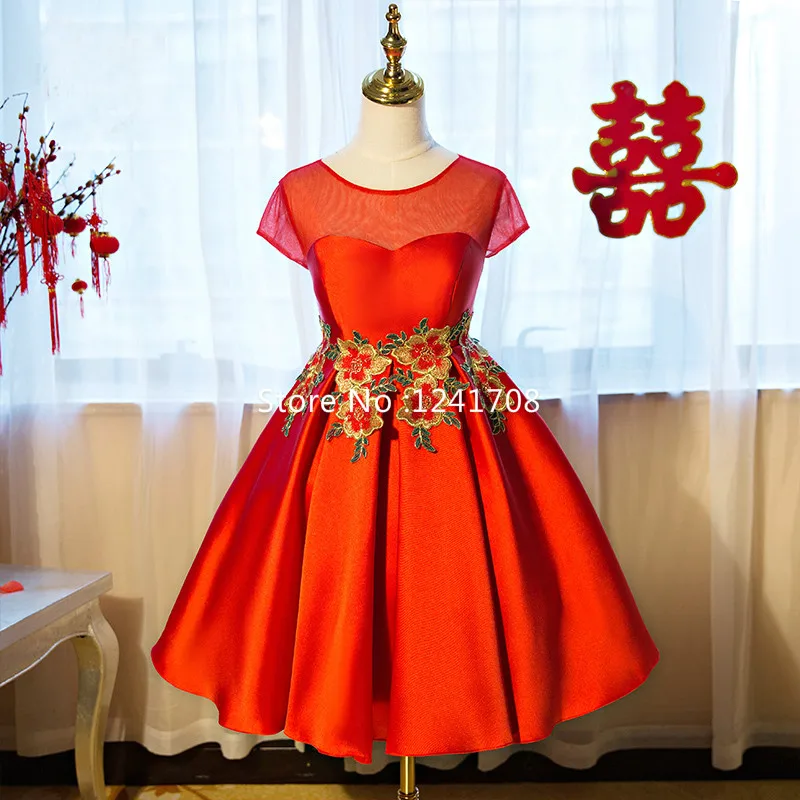 Brand New 2017 Summer O-Neck Short Sleeve Red Satin Sashes Flowers Embroidery Pattern Floor-Length Evening Party Dresses |
