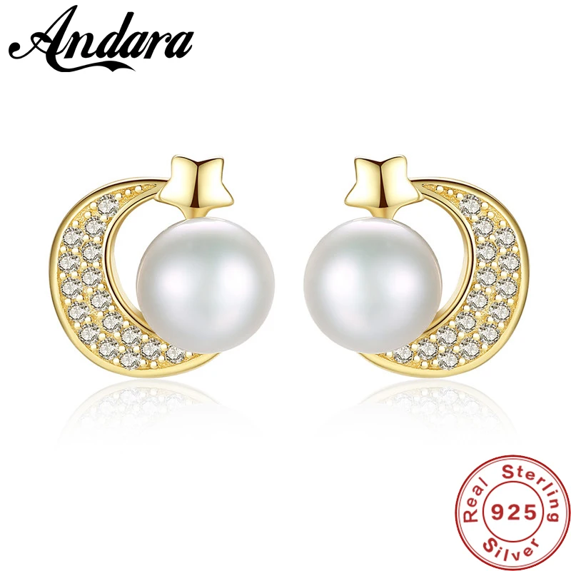 100% 925 Sterling Silver Natural Pearl Earrings for Women Business Star Moon Wedding | Украшения и аксессуары