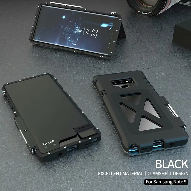 Черный Чехол Armor King с подставкой для samsung Galaxy Note 8 9, откидная крышка, металлическая нержавеющая сталь 304+ пластиковый корпус, ударопрочный, для спорта - Цвет: Черный
