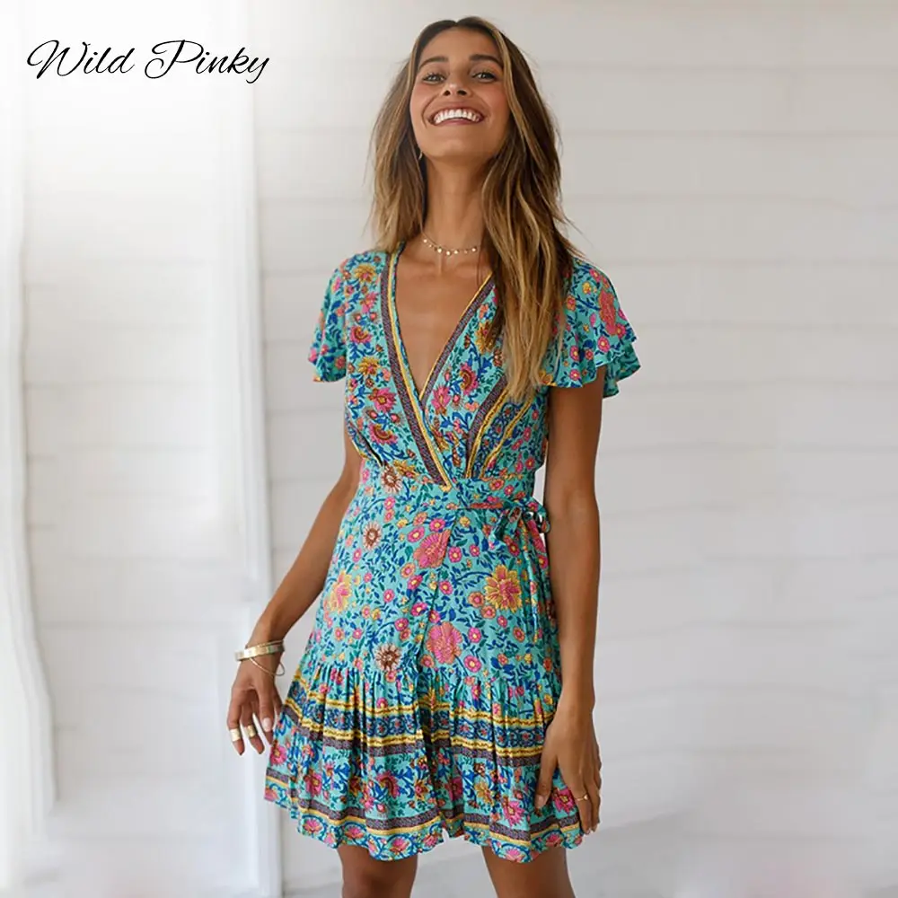 WildPinky богемный Цветочные Мини Для женщин летнее платье Festa V шеи рюшами Бандажное платье Женский элегантный праздник Пляжное платье