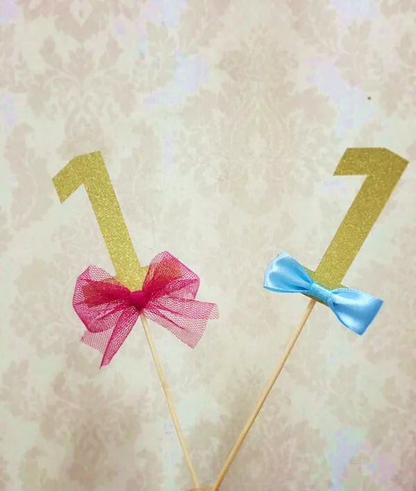 Custom Age Number Cake toppers Baby Twins 1st Birthday Party Decorations Gold 1 With Bow Tie Cupcake Topper topper | Дом и сад