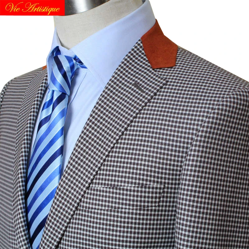 custom tailor made suits 3 pieces jacket pant vest wool Men's groom tuxedos slim fit wedding coffee dog tooth small plaid 2018