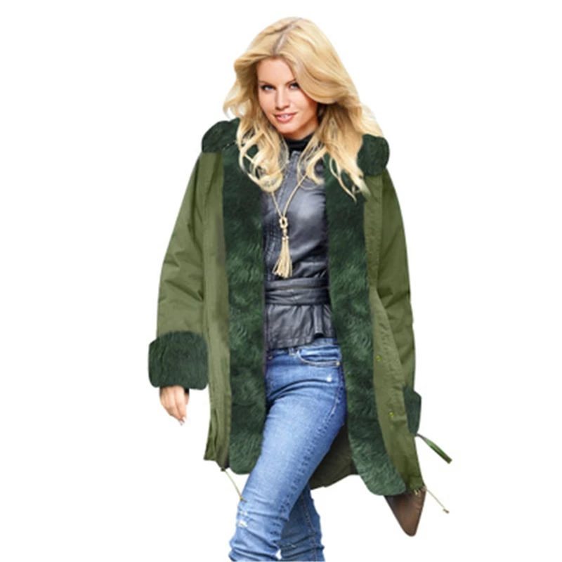 Large Size Winter Women Faux Fur Overcoat Casual Slim Thick Warm Female Fur Coats Vintage Spliced Army green Outerwear J739