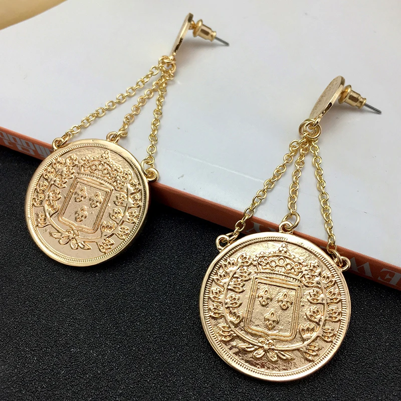 Винтажные висячие серьги SRCOI с монеткой и несколькими цепочками золотистые