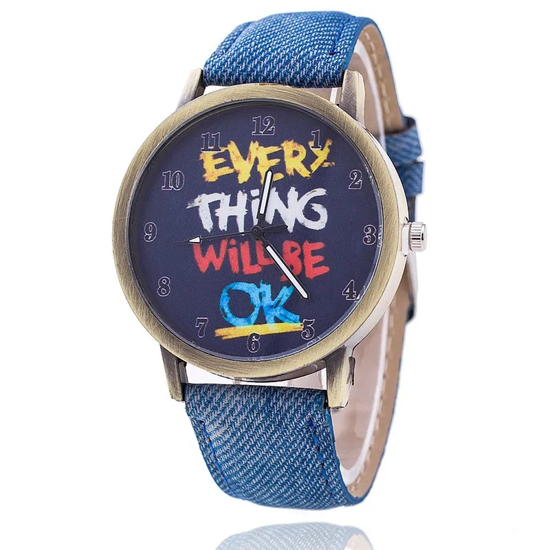 Винтажные джинсы часы для женщин кожа Everything Will Be OK модные повседневные наручные