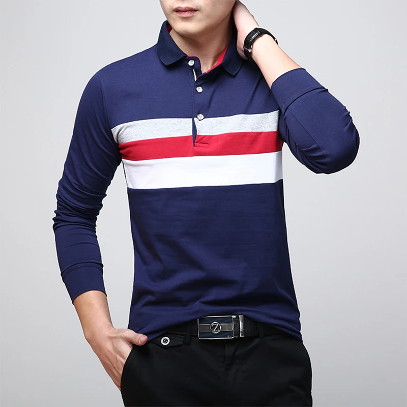 Brand Spring Autumn Polo Shirt Men Long Sleeve Cotton Casual Polos Striped Solid Color Comfortable Top Quality | Мужская одежда