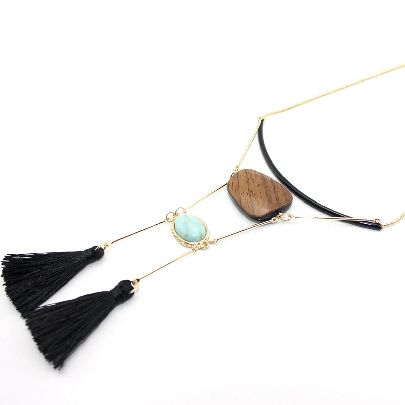 Овальная подвеска из массива коричневого дерева, ожерелье с двойной черной кисточкой, модные ювелирные украшения