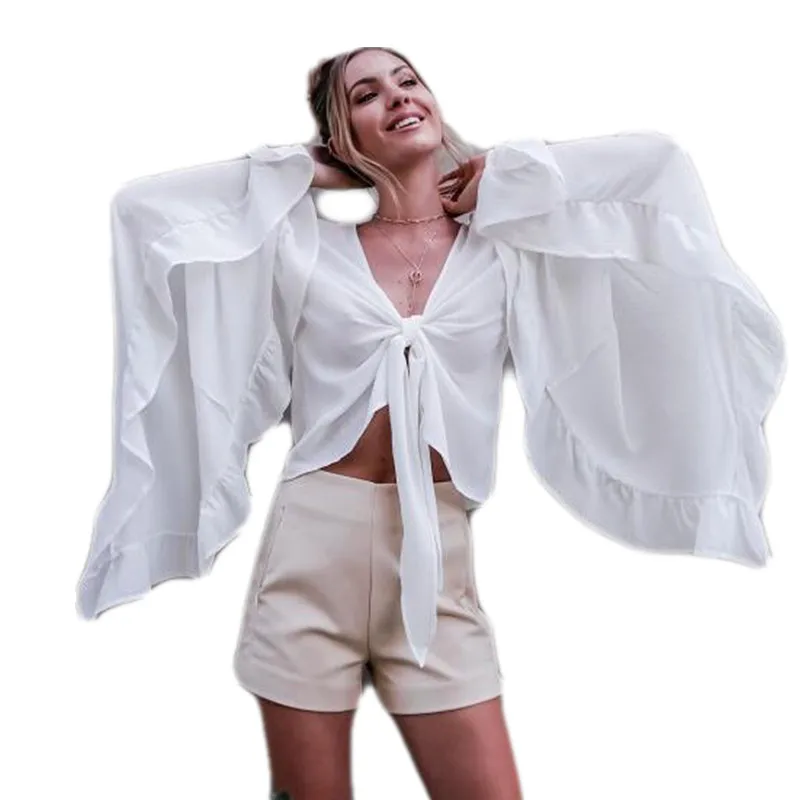 2017 летняя Новинка Dope Muli цветная шифоновая блузка с расклешенным рукавом и бантом