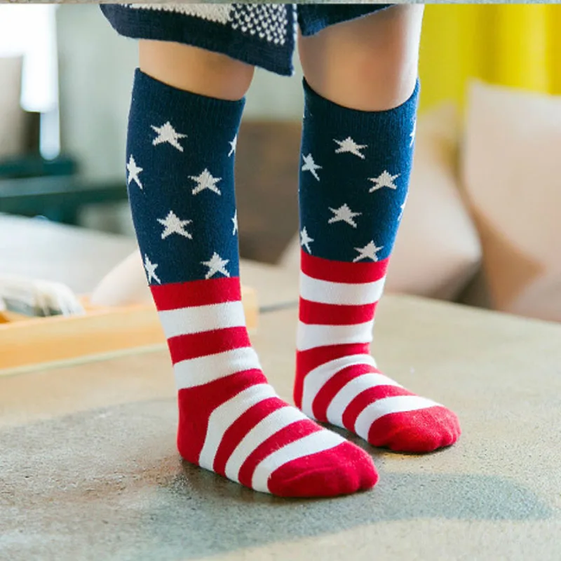 Newborn Kids Girl Boy Stripes stars American flag pattern Anti-slip Knee High Socks Baby Socks for toddler boys/girls