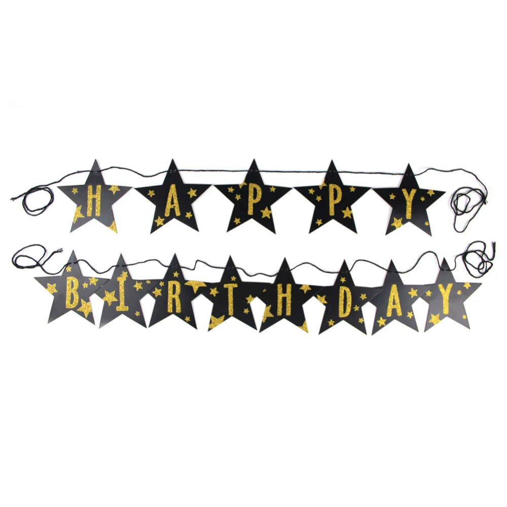 Black and Gold Glitter Star Happy Birthday Paper Banner Bunting Garland for Kids Party Hanging Decorations Crafts | Дом и сад