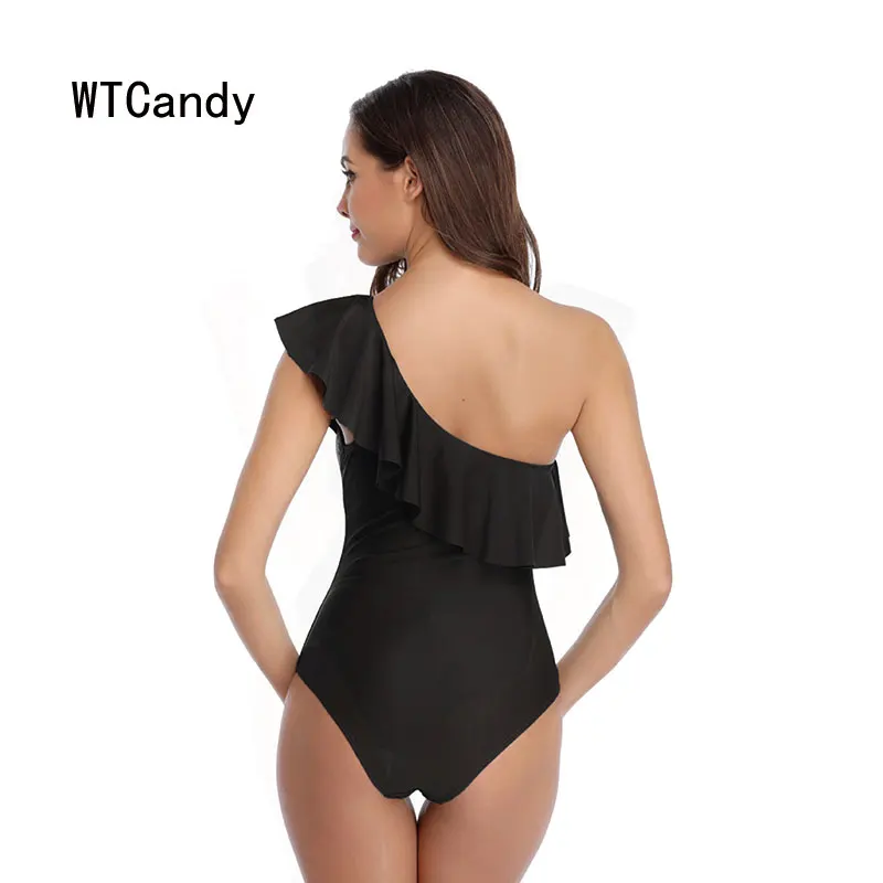 WTCandy сексуальный цельный купальник с одним плечом женский оборками однотонный