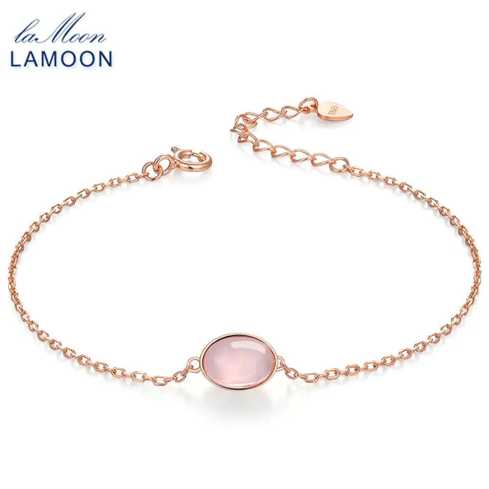 

LAMOON Simple 8x6mm 100% Natural Oval Pink Rose Quartz 925 Sterling Silver Jewelry S925 Charm Bracelet LMHI023