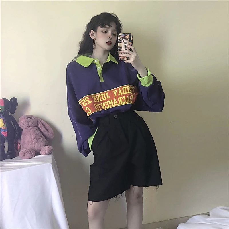 Корейский Осенний ulzzang хип-хоп хлопковый женский топ, повседневный Забавный большой размер, свободный длинный рукав, большие размеры, Футболка Harajuku с надписями