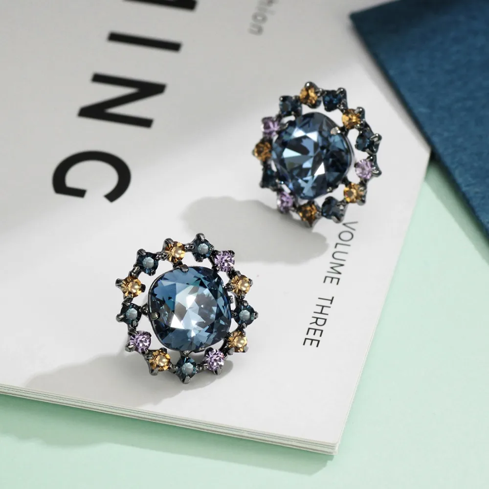 Серьги гвоздики с кристаллами Neoglory благородный синий винтажный круглый дизайн в