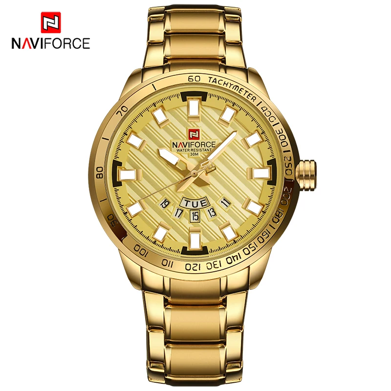 NAVIFORCE Men Gold Watch 3ATM Waterproof Quartz Watches Men's Golden Full Steel Clock Date Luxury Wristwatch Relogio Masculino | Наручные