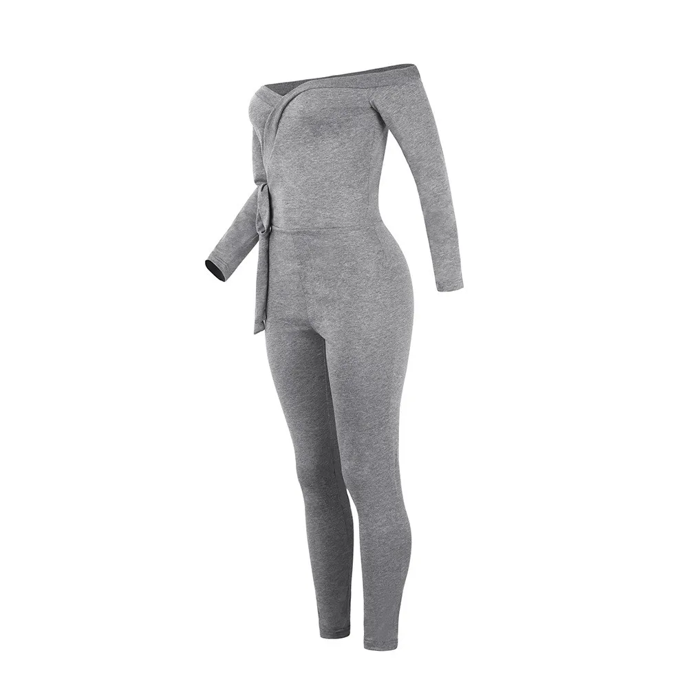 Light Grey Женские комбинезоны, сексуальный однотонный комбинезон с глубоким v-образным вырезом, с длинным рукавом, с открытыми плечами, комбинезоны, комбинезоны размера плюс, узкие брюки с бантом - Цвет: Light Grey