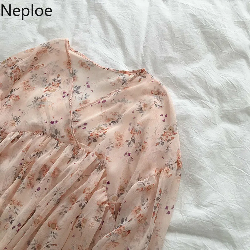 Neploe шифон Цветочные женские блузки лето корейский v-образный вырез с пышными рукавами Blusa Новые свободные женские рубашки 44853