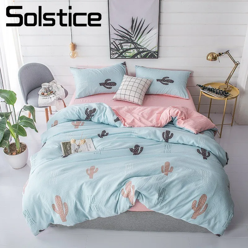 

Solstice Home Textile Duvet Cover Flat Bed Sheet Pillowcase Blue Pink Cactus Girl Kid Teen Bedding Linens Set Single Queen 3/4Pc