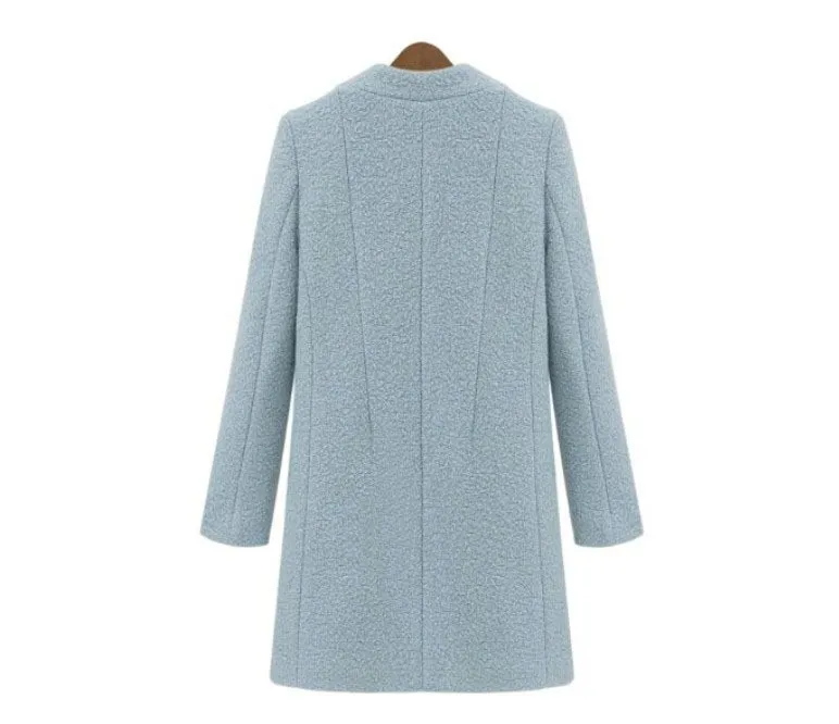 Женское шерстяное пальто простое длинное из твида бирюзового синего и белого