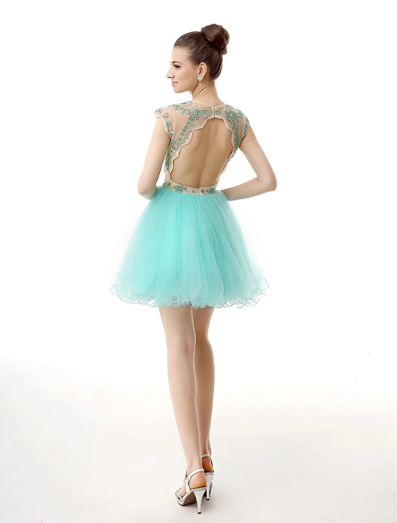 

Cocktail Dresses Green Tulle Sequins Beaded Girls Short Party Prom Dresses Backless Sexy Homecoming Dresses Real Photos