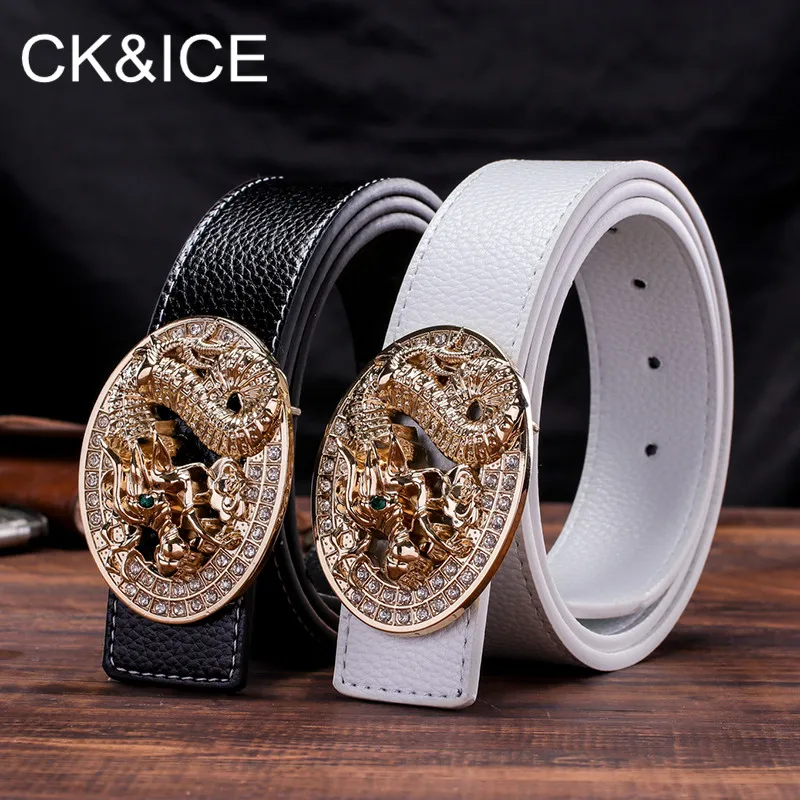 CK&ampICE Casual belt men women fancy vintage Chinese Dragon Cowskin Waistband smooth button Waist Strap luxury genuine leather |