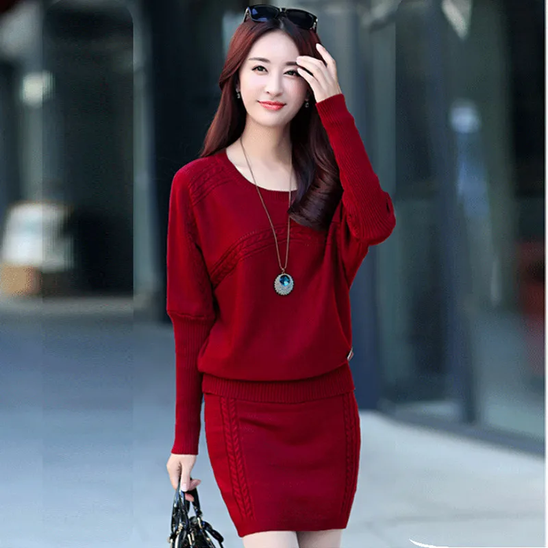 Женский свитер с рукавами летучая мышь топ и юбка в комплекте вязаный костюм