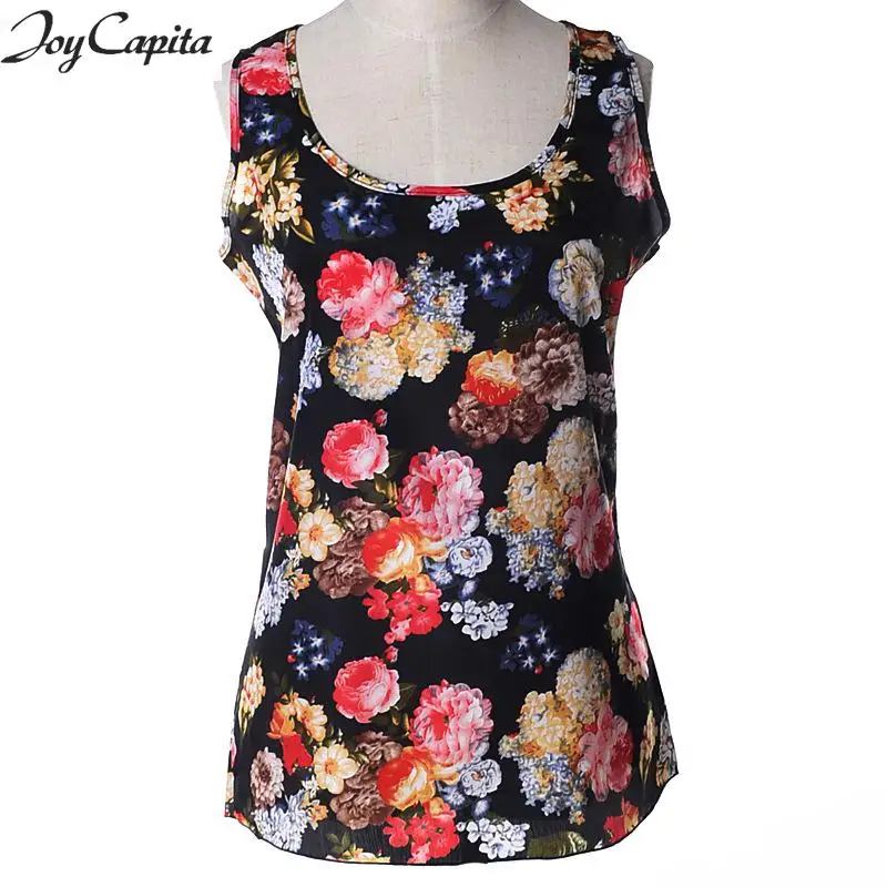 Joy Capita 2017 Chiffon Women Top Floral Sleeveless Tank Plus Size Women's Tops |