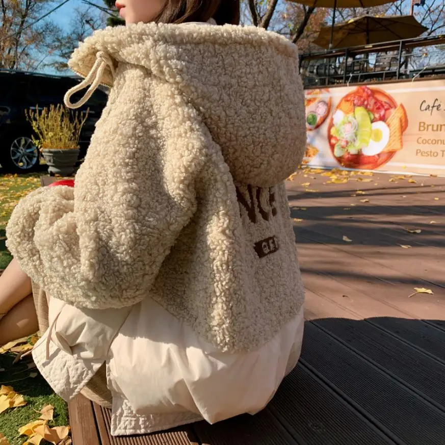 Winter Fashion Lamb Hair Splicing Cotton Coat Hooded Thicken Warm Jacket Back Letter Pattern Casual Slim Sustans Outerwear L1775 | Верхняя