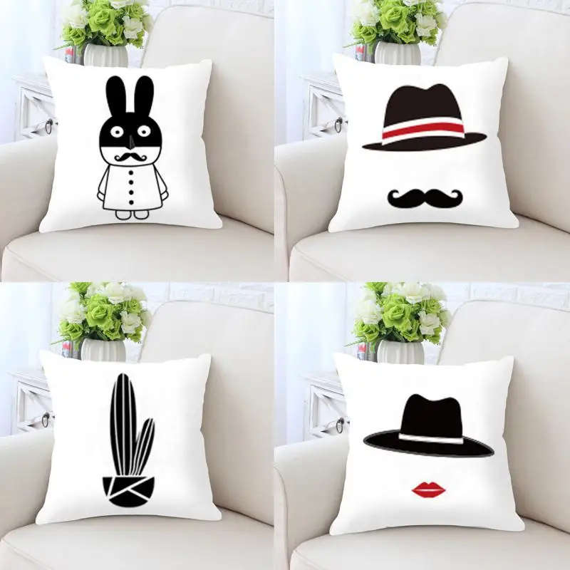 Современный домашний декор черно белая подушка милый кролик кактус шляпа усы