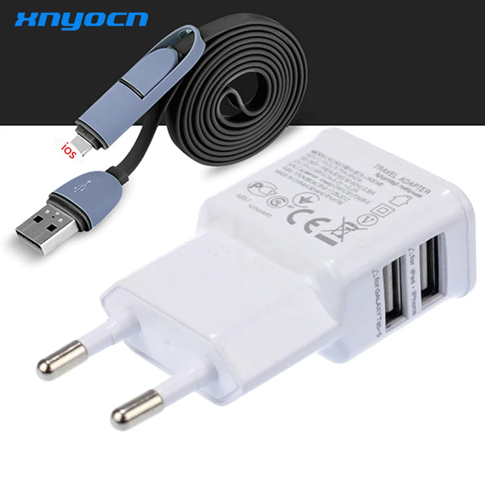 Сетевое зарядное устройство с двойным портом EU 5 В 2 А 1 м Плетеный Micro usb-кабель 2-в-1