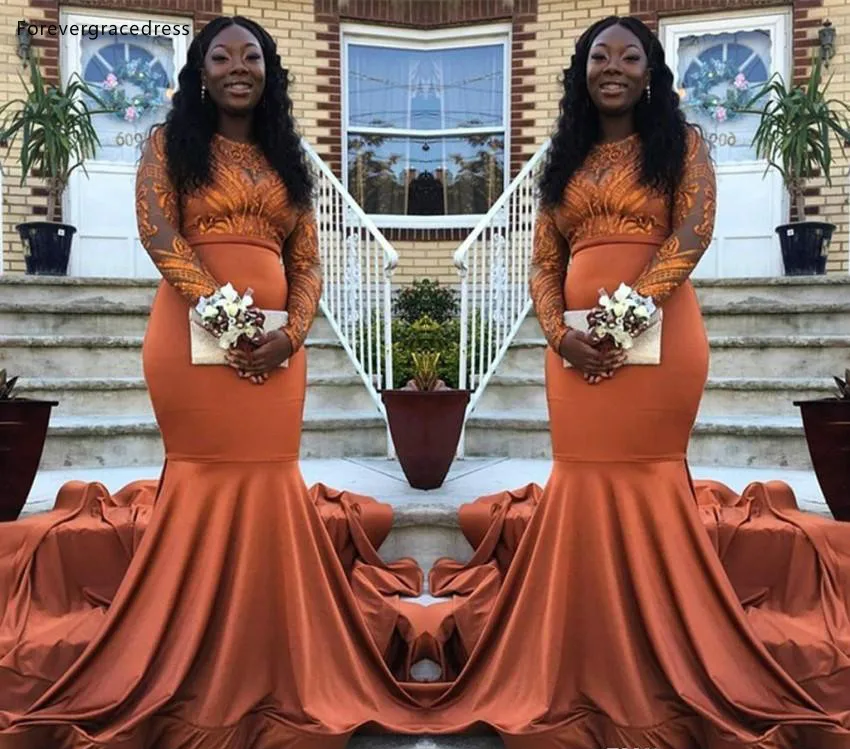 

South African Black Girls Prom Dresses 2019 Mermaid Long Sleeves Holidays Graduation Wear Party Gowns Plus Size Custom Made