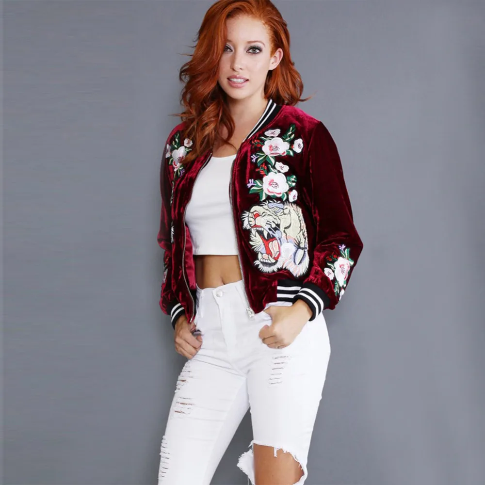Женская Вельветовая куртка бомбер с вышивкой Повседневная Верхняя одежда